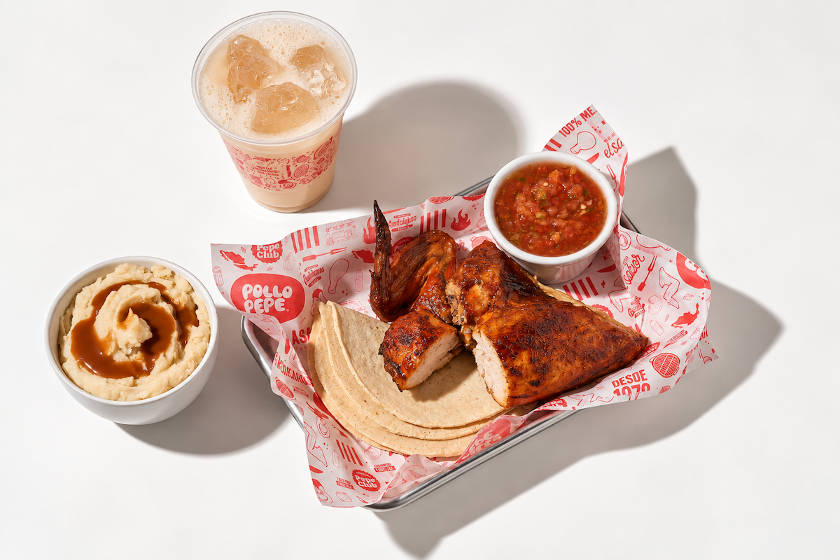 Two piece breast and wing combo with mashed potatoes, salsa, tortillas and horchata